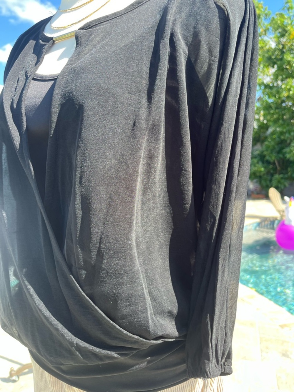 Black Wrap-Front Sheer Sleeve Blouse Xs Nwt — image 7 of 8